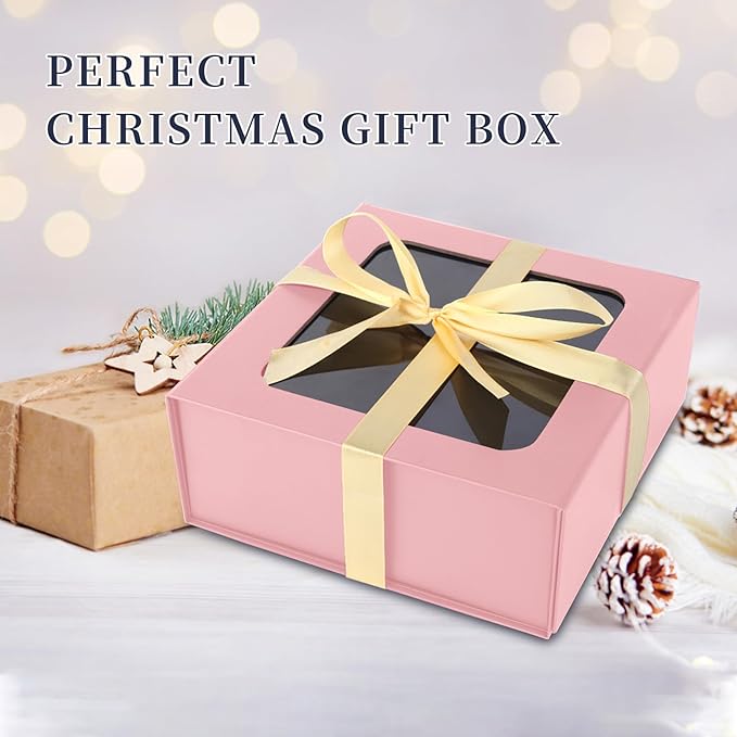 TIACABO Pink Gift Box with Window,7.5"x7.5"x3.1" Bridesmaid Boxe for Gifts Giving,Birthday Gift Boxes with Magnetic,Closure Lid Gifts Boxes for Presents,Cute Box,Luxury for Gift Packaging