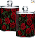 Gredecor Qtip Holder Dispenser 2 Pack Red Rose Flowers Leaves Bathroom Decorative Storage Canister Holder Counter Vanity Organizer for Cotton Ball Swabs Pads Floss