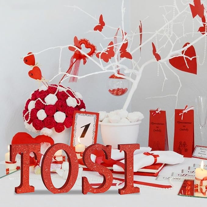TONIFUL 8 Inch Red Glitter Letter T Table Centerpiece A-Z Red Birthday Party Decorations,Red Alphabet T for Birthday,Chrismas,Graduation,Bridal Shower,Wedding,Anniversary Party Supplies