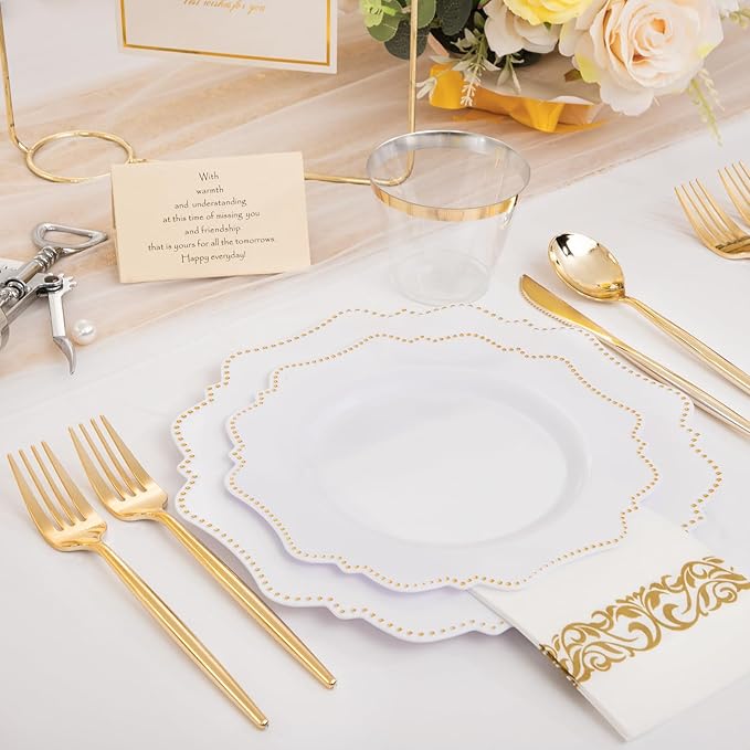 COLOSUS 175pcs Plastic Party Plates Disposable Plastic Dinnerware set. 25guests White Gold Dinner & Dessert Plates with Silverware Cups and Napkins for Party Dinner and Wedding