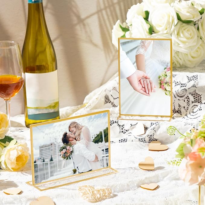 Hoteam 24 Pack 4 x 6/6 x 4 Clear Acrylic Sign Holder with Gold Border, Gold Picture Frame, Double Sided Wedding Table Number, Acrylic Menu Stands for Wedding Table, Restaurant Sign, Photos Display
