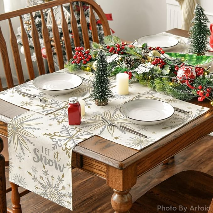 Artoid Mode Beige Snowflake Let It Snow Winter Placemats Set of 4, 12x18 Inch Seasonal Christmas Table Mats for Party Kitchen Dining Decoration