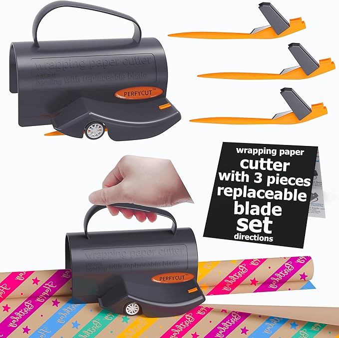 Wrapping Paper Cutter with 3 Replaceable Blade Sets for Birthday Paper Gift Wrapping Paper Roll Cutter and Christmas Wrapping Paper Cutter Tool Tube Holder Slidding Slicing.