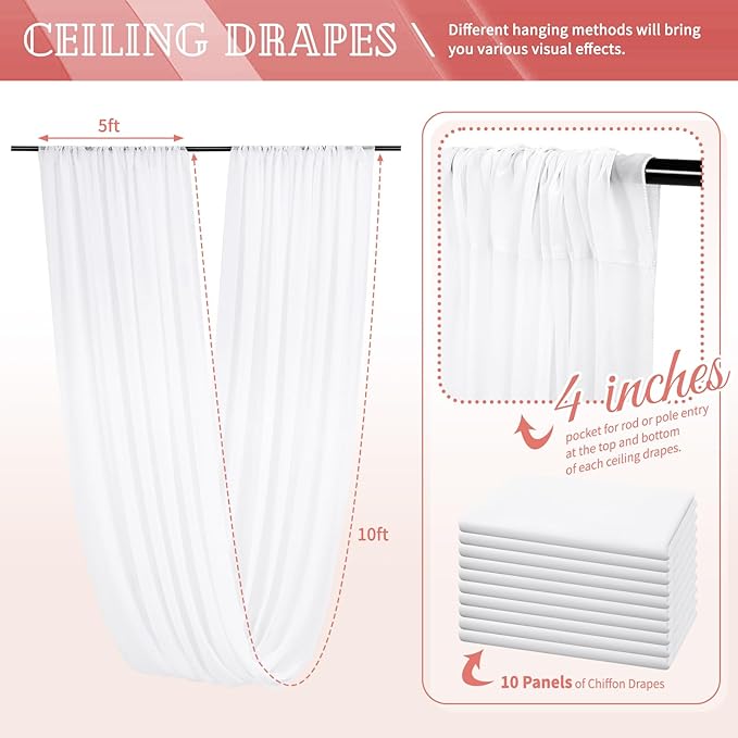 10 Panels White Ceiling Drapes for Wedding 5ftx10ft Sheer Drapery Chiffon Fabric Arch Draping Curtains for Party Ceremony Birthday Baby Shower Reception Stage Ceiling Decorations