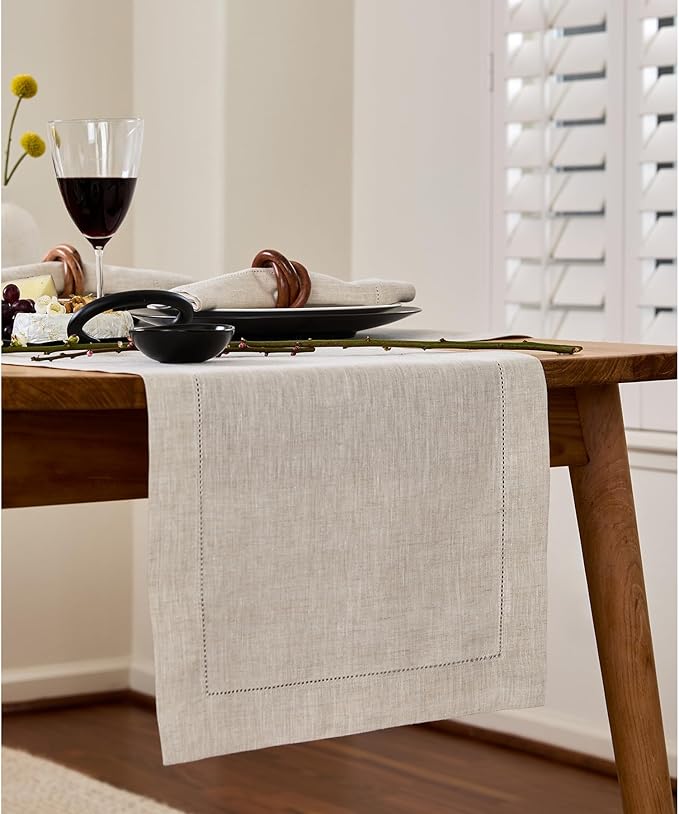 Solino Home Linen Light Natural Table Runner 132 Inches Long - 100% Pure Linen Extra Long Table Runner 14 x 132 Inch for Fall, Autumn, Thanksgiving - Classic Hemstitch
