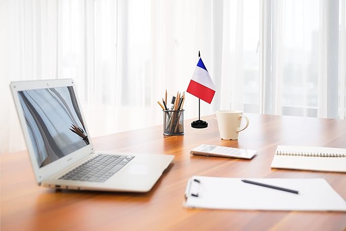 France French Deluxe Desk Flag Set, Small Mini Miniature France French Table Desktop Flags With Solid Pole, Black Base and Spear Top(2 Pack)
