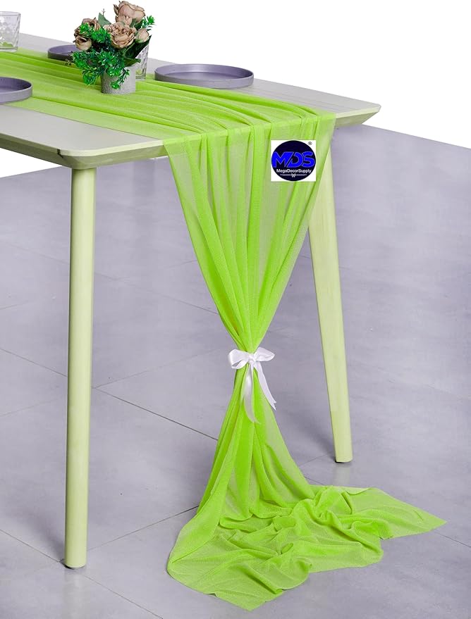 MDS 5 Pack 10ft Chiffon Table Runner 29 x 120 Inches Sheer Wedding Runner Romantic Rustic Table Runner for Wedding Decorations, Birthday Parties, Bridal Shower Party Arch Decor - Parrot Green