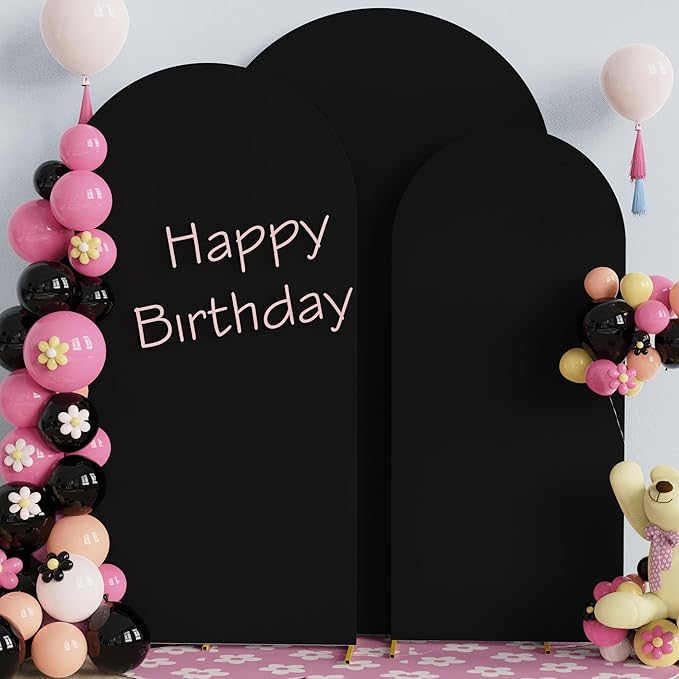 Fomcet Set of 3 Wedding Arch Cover 6FT, 6.6FT, 7.2FT Black 2-Sided Round Top Spandex Arch Backdrop Cover Fitted Fabric for Birthday Party Baby Shower Wedding Arch Stand Decoration