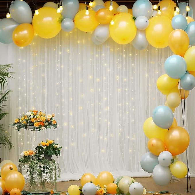 20×10ft White Tulle Backdrop Curtain with Lights String for Parties, Sheer Photo Backdrop Curtains for Wedding Party Photography Background