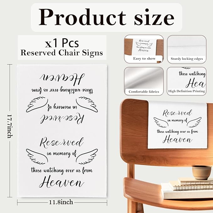 Reserved Seating Chair Signs, In Loving Memory Memorial Wedding Sign Pew Cloths Seating Placeholder for Church Pews, Wedding Decorations for Reception Celebrations Event (Heaven, 1 PC)