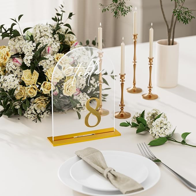 Arch Wedding Table Numbers 1-15 with Stands, Elegant Gold Number 5.5 x 7” Arch Acrylic Signs with Holder, Clear Acrylic Table Numbers for Wedding Reception, Anniversary, Party, Events