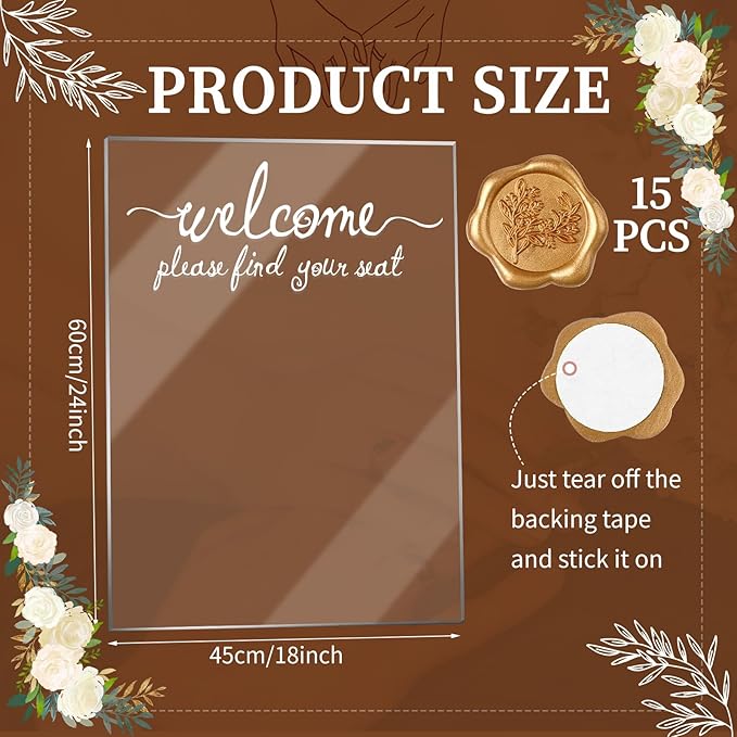 24x18 Inch Wedding Seating Chart Board Display with 15 Rose Wax Seal Stickers for Reception | Acrylic Welcome Please Find Your Seat Table Seating Chart Board Wedding Sign Display Decor