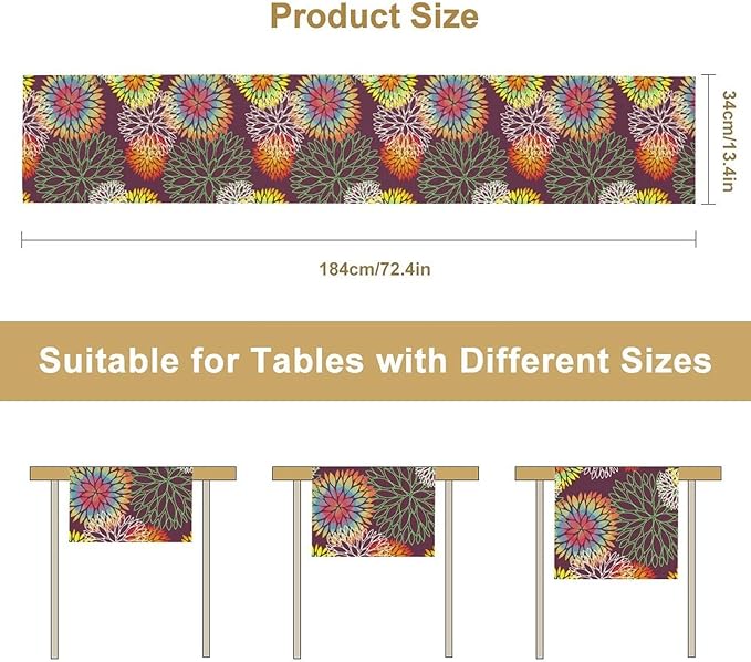 Brown Dahlia Flower Table Runner, Linen Geometric Pattern Floral Table Decor Spring Farmhouse Decorations for Kitchen Dining Holiday Party Decor, 13x36 Inch