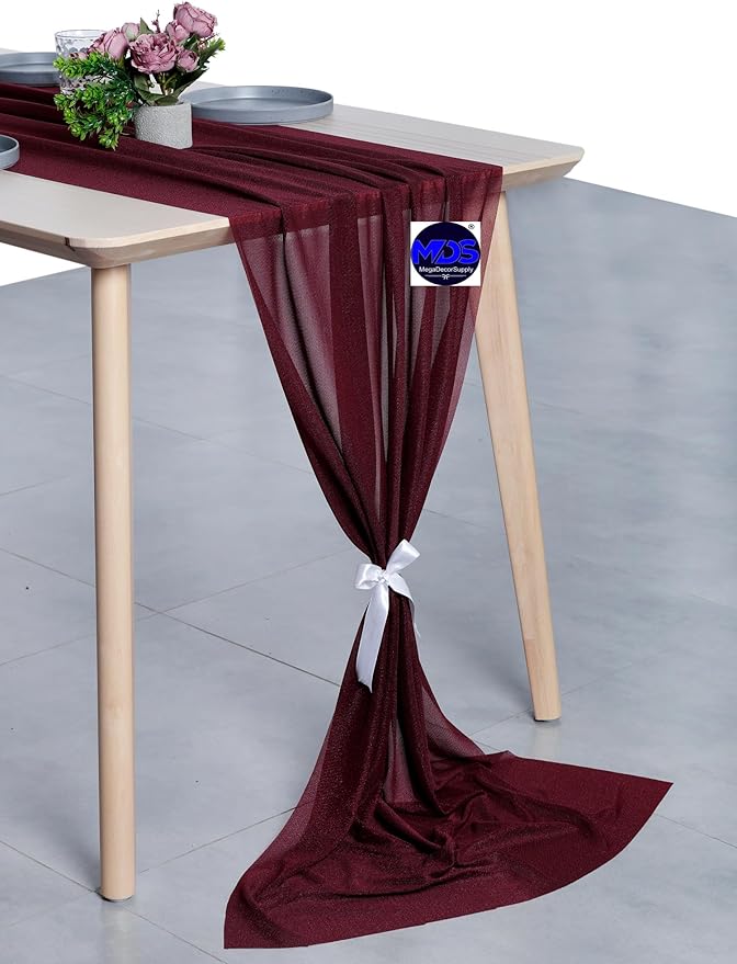MDS Halloween Chiffon Table Runner - 12 Pack, 29 x 170 Inches, 14ft Each - Sheer Spooky Table Runners for Haunted House Parties, Trick-or-Treat Tables, Witchy Décor, Wedding & Events - Burgundy
