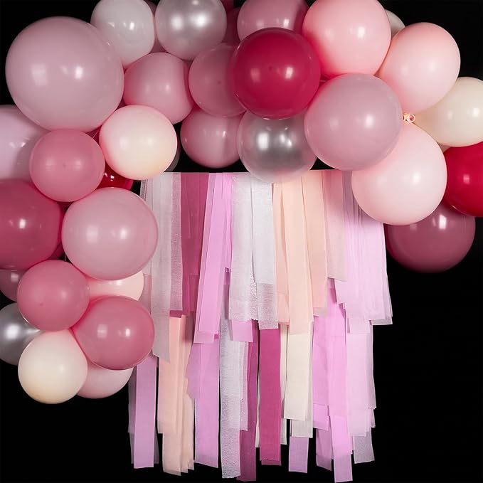 PartyWoo Pink Crepe Paper Streamers 4 Rolls 328 ft Pack of Dusty Pink Crepe Paper for Baby Shower Bridal Shower Gender Reveal Bachelorette Birthday Party Decorations (1.8 Inch x 82 Ft/Roll), Red-806