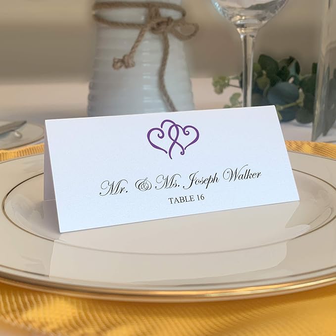 Linked Hearts Place Cards, Purple (Choose Color), Set of 25, Pre-cut and Scored - Wedding, Party, Dinner, and Special Events - Made in the USA