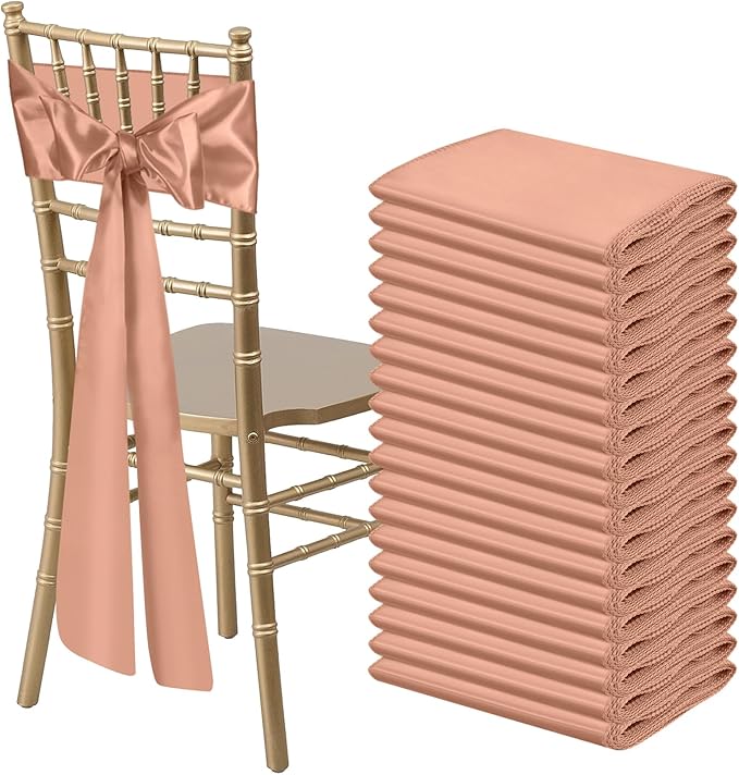 50 PCS Rose Gold Satin Chair Sashes Bows Universal Chair Ribbon Ties Back Sash for Wedding Party Reception Events Banquets Hotel Event Chair Cover Decoration (7x108 inch)