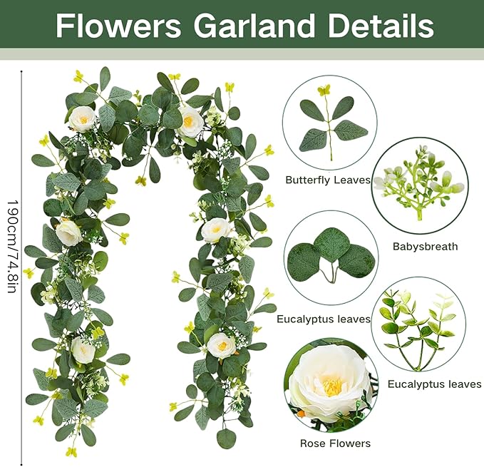 ASTRYAS 2 Pack 6.23Ft Artificial Eucalyptus Garland with Flowers, Fake Rose Garland Greenery Garlands Floral Vines for Wedding Spring Home Party Craft Art Table Runner Decor(White)