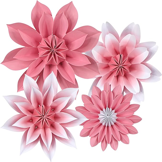 ADLKGG Paper Flower Fan Decorations, Pink Paper Fan Flower Wall Background for Classroom Decor, Tea Party, Spring Summer Party, Birthday, Baby Shower, Wedding, Nursery Decoration, Set of 4