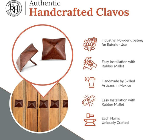 10 Pack 2" Square Head Iron Clavos Decorative Nails – Sealed Rusted – Handmade Rustic Square Fasteners for Farmhouse Shutters, Faux Wood, Barn Doors, Shutters, and Gates – Ornamental Wood Accent