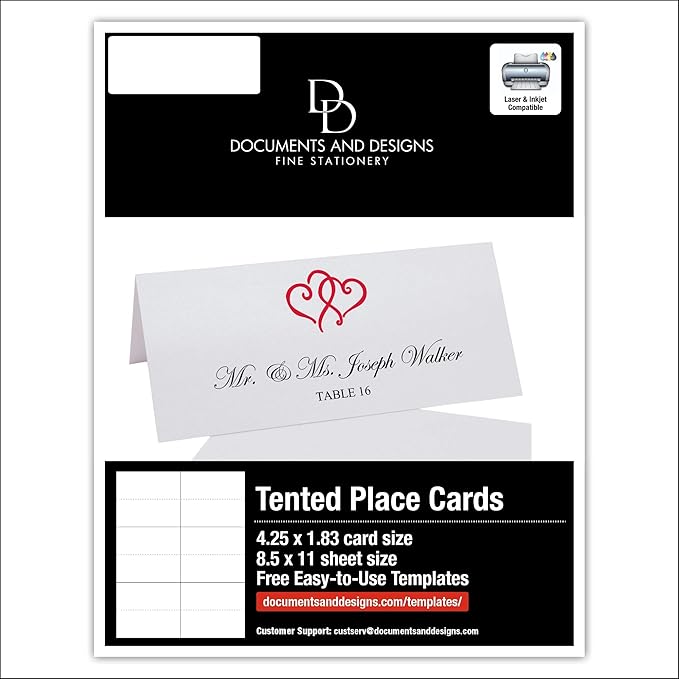 Linked Hearts Printable Place Cards, Ruby Red (Choose Color), Set of 150 (25 Sheets), Laser & Inkjet Printers - Wedding, Party, Dinner, and Special Events - Made in the USA