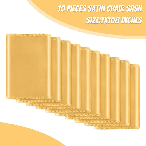 10 PCS Gold Satin Chair Sashes Bows Universal Chair Ribbon Ties Back Sash for Wedding Party Reception Events Banquets Hotel Event Chair Cover Decoration (7x108 inch)