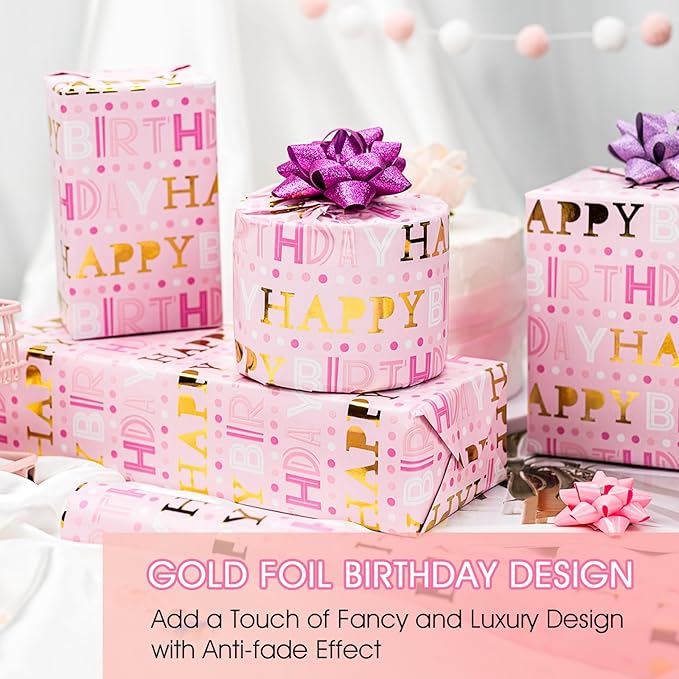 Yarcony Girl Birthday Wrapping Paper Roll, Pink and Gold Wrapping Paper, Gold Foil Girly Happy Birthday Lettering Design Pink Gift Wrap for Girls Women, Baby Shower, Christmas(17 Inch X 33 Feet)