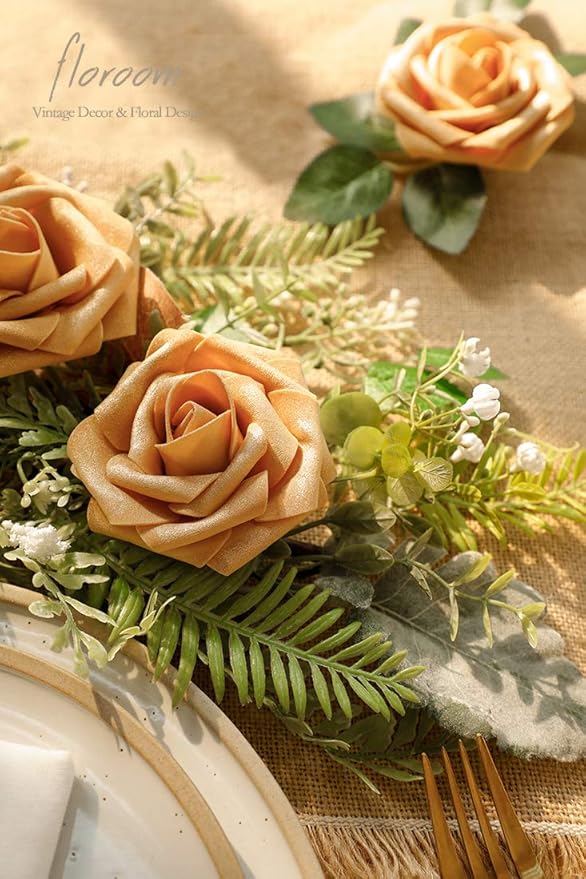Floroom Artificial Flowers 50pcs Real Looking Gold Foam Fake Roses with Stems for DIY Wedding Bouquets Bridal Shower Centerpieces Floral Arrangements Party Tables Home Decorations