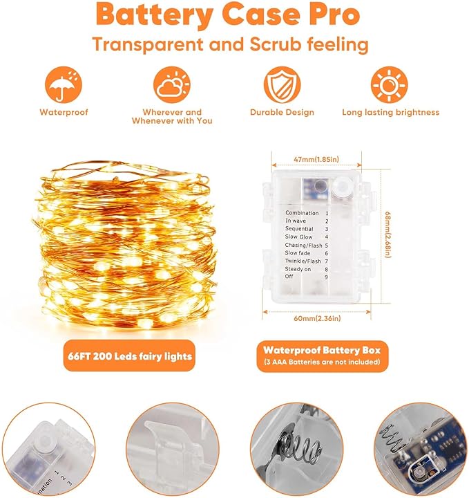 4 Pack 65.6 Ft. Battery Operated Outdoor String Lights with Remote & Timer, LED Warm White Fairy Lights, Waterproof Twinkle Lights for Bedroom, Dorm, Mason Jar, Wedding, Party, Christmas
