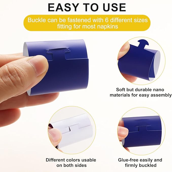 Polymer Material Reusable Napkin Band, Glue-Free Tear-Proof Water Resistant Oil-Proof Napkin Bands Set of 200(Front Blue Color and Back White), 6 Adjustable Sizes Napkin Rings