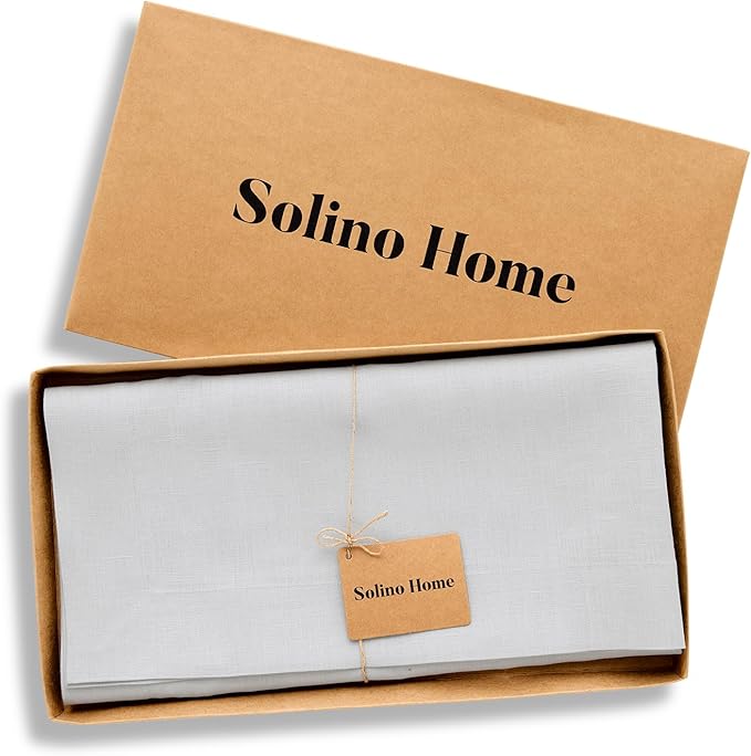Solino Home Linen Tablecloth 52 x 52 Inch - 100% Pure Linen Silver Cloud Square Tablecloth - Fete, Machine Washable Table Throw for Fall, Autumn, Thanksgiving