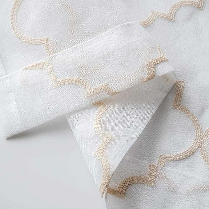 Sheer Curtains Gold 95 Inches Long, Rod Pocket Drapes for Living room, Bedroom, Embroidered Moroccan Tile Lattice Design Semi Crinkle Voile Curtain Panels for Patio, Villa, Parlor, Set of 2, 52"x95".