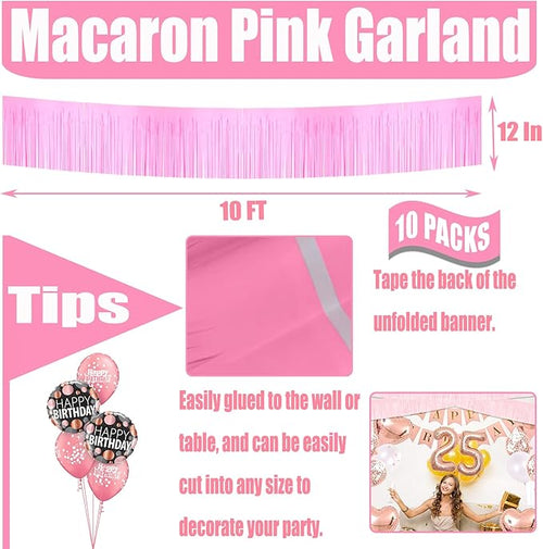 10 Pack 10 Feet Foil Fringe Garland Metallic Tinsel Streamers Banner Wall Hanging Curtain Backdrop for Parade Floats, Bachelorette, Wedding, Birthday, Halloween, Christmas Party Decorations(Pink)