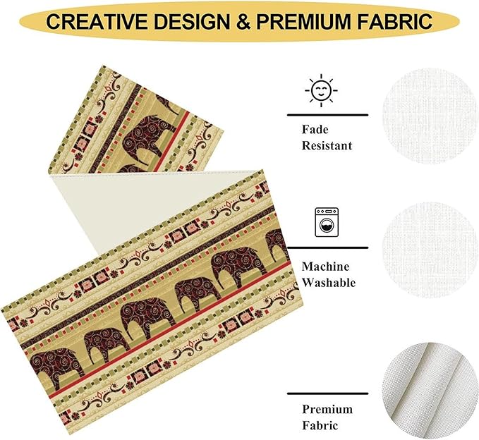 Boho Elephant Table Runner, Vintage Tribal Traditional Bohemian African Animals Ethnic Folk Table Center Decor for Home Kitchen Dining Patio Holiday Party Indoor Table Decorations, 13"x36" Inch