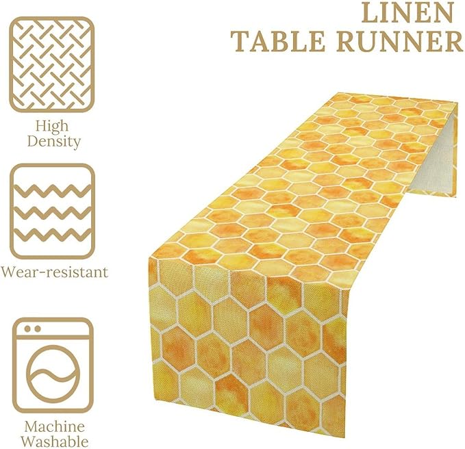 Honeycomb Bee Table Runner, Cute Abstract Geometric Yellow Honeycombs Print Table Cover for Kitchen Dining Table Indoor Outdoor Party Decor, 13x90inch