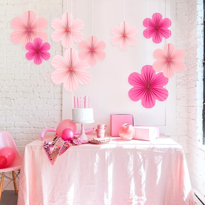 SUNBEAUTY Paper Decoration, Set of 9 - Hot Pink Flower Hanging Ornaments, Party Fans & Floral Backdrop for Weddings, Baby Showers, Birthdays & More
