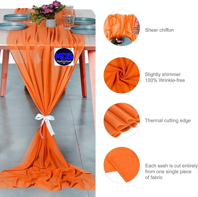 MDS 25 Pack 10ft Chiffon Table Runner 29 x 120 Inches Sheer Wedding Runner Romantic Rustic Table Runner for Wedding Decorations, Birthday Parties, Bridal Shower Party Arch Decor - Orange