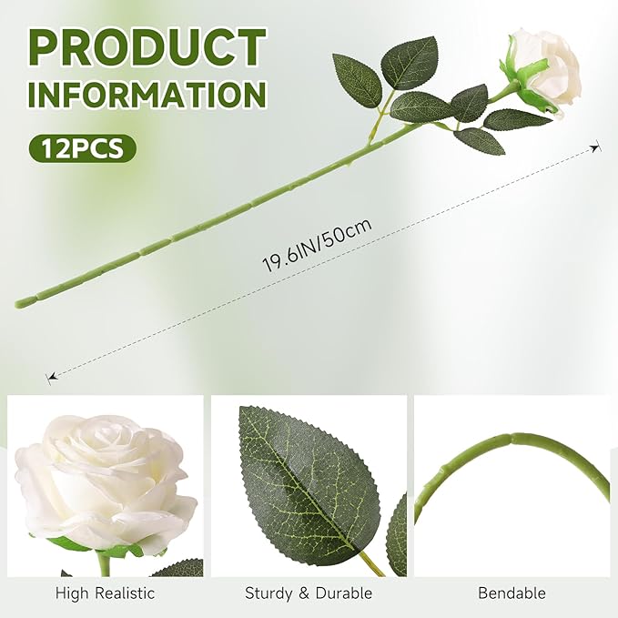 Tifuly White Roses Artificial Flowers -12 pcs Realistic Single Long Stem Fake Silk Roses Bouquet for Party Home Wedding Centerpiece Office DIY Decor（Off White）