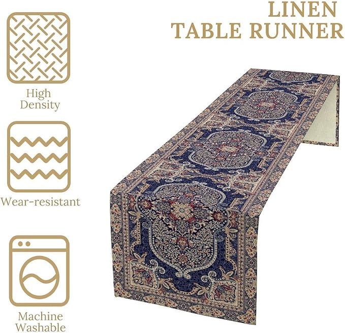 Vintage Boho Floral Table Runner, French Rustic Country Farmhouse Purple Golden Bohemia Flower Pattern for Home Kitchen Table Decor Dining Coffee Room Party Decor 13x60in