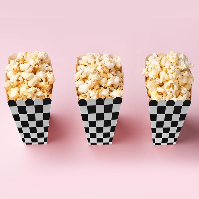 50 Pcs Checkered Popcorn Boxes Mini Paper Popcorn Bags for Race Car Party for Movie Nights Birthday Wedding (Black Checkered)