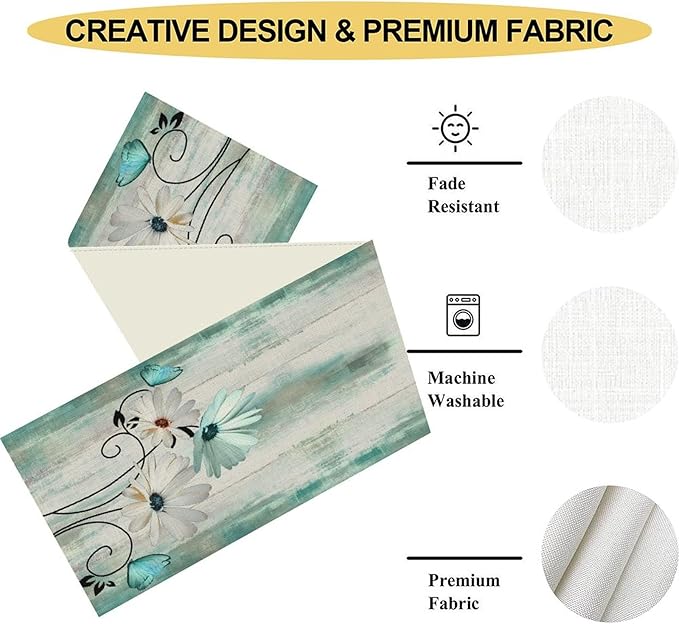 Daisy Floral Table Runner, Farmhouse Abstract Spring Seasonal Summer Blue White Flower Rustic Table Center Decor for Home Kitchen Dining Patio Holiday Party Indoor Table Decorations, 13"x108" Inch