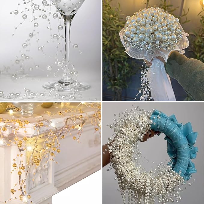 98FT Pearl Beads String Garland, 8mm 3mm White Faux Pearl Beads Roll Strand Bulk for Wedding Party Flower Christmas Decoration DIY Craft