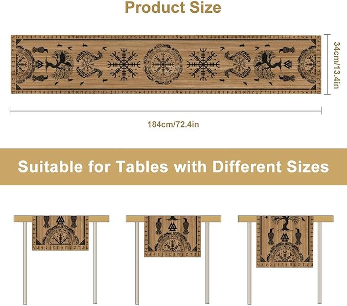 Viking Tree of Life Table Runner, Wooden Printed Eagle Dragon Boat Rudder Seasonal Kitchen Dining Table Decoration for Home Party 13x60 Inch