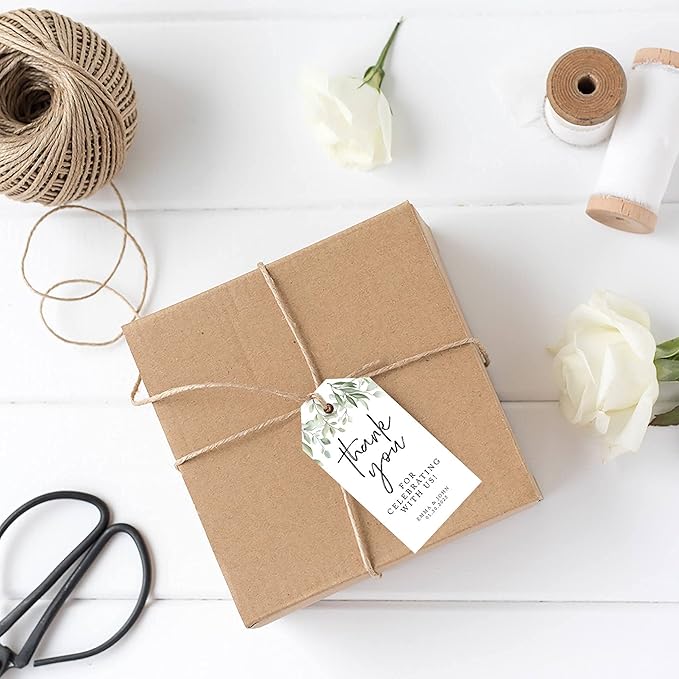 Andaz Press 100-Pack Personalized Thank You Wedding Favor Tags with Bakers Twine Greenery Leaves Custom Thank You Tags Wedding Gift Tags 2' X 3.75'