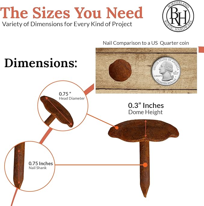 50 Pack 0.75" Round Head Iron Clavos Decorative Nails – Rusted – Handmade Rustic Round Fasteners for Farmhouse Shutters, Faux Wood Beams, Barn Doors, Shutters, Gates – Ornamental Wood Accent