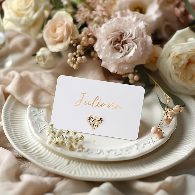 UNIQOOO 12Pcs Decorative Gold Love Heart Place Card Holders Bulk, Romantic Name Card Stands Set, for Wedding Engagement Decor, Table Setting, Business Card, Name Tag, Party Food Labels