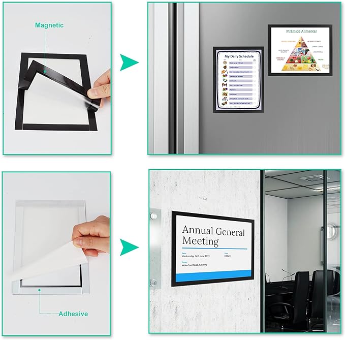 CRUGLA 8.5x11 Magnetic Frame Sheet with Self Adhesive Backing, Poster Certificate Carft Picture Photo Frame for Refrigerator Office Glass Window Door Cubicle Tile, 12 Pack