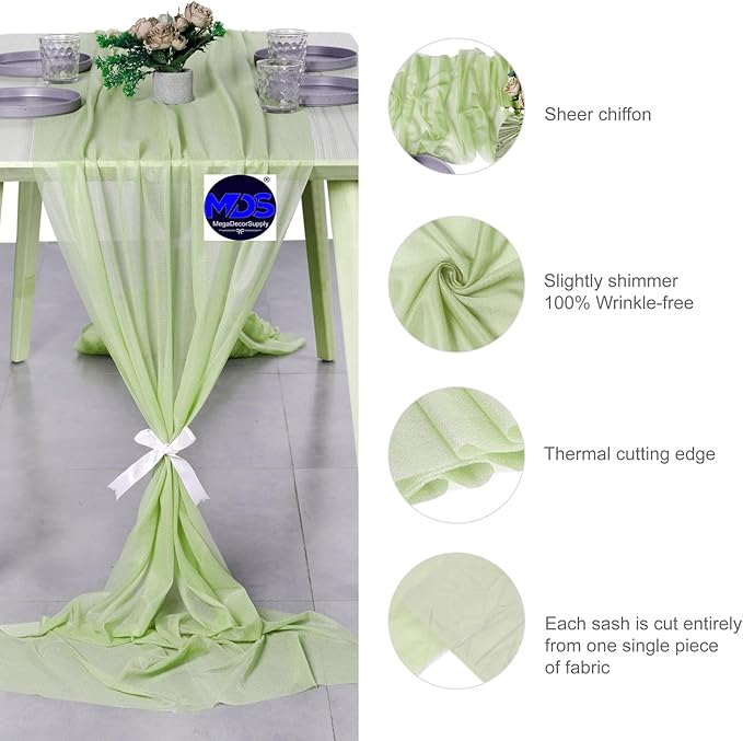 MDS 25 Pack 10ft Chiffon Table Runner 29 x 120 Inches Sheer Wedding Runner Romantic Rustic Table Runner for Wedding Decorations, Birthday Parties, Bridal Shower Party Arch Decor - Sage Green