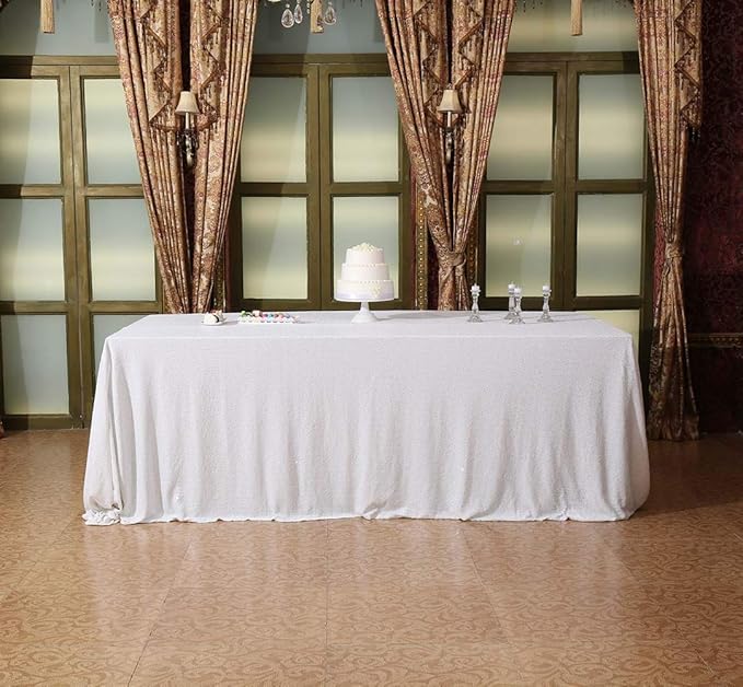 SquarePie Sequin Tablecloth 60 x 102 Inch White Sparkly Table Linen for Wedding Party