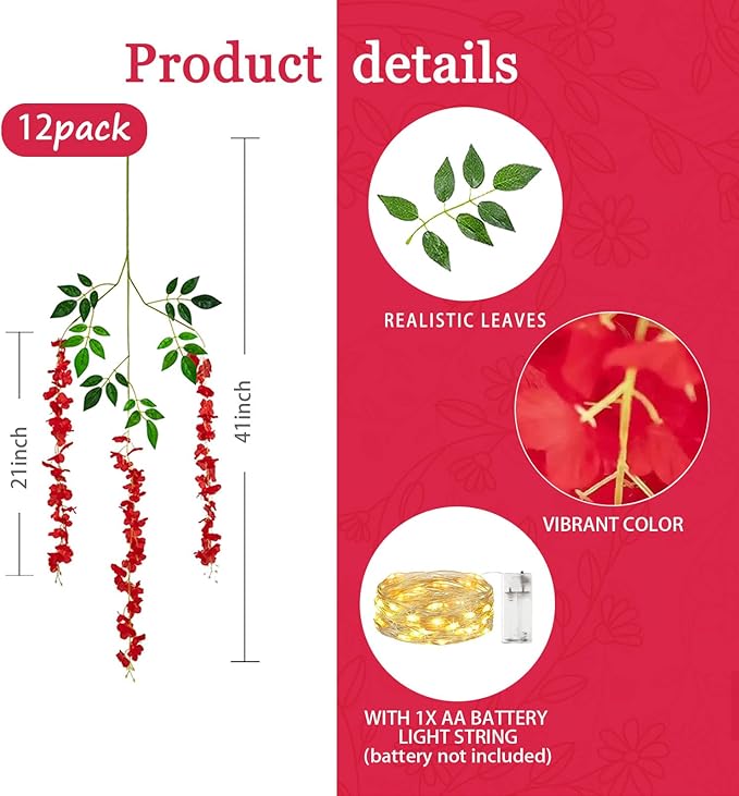 12 Pack Red Wisteria Hanging Flowers Garland with Lights, 3.44 Feet Artificial Flower Vines, Fake Wisteria, Artificial Vines Hanging Garland for Backdrop Outdoor Patio Garden Decor